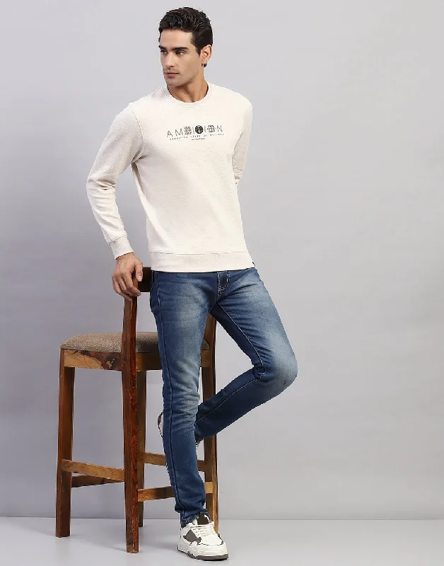 Men Beige Printed Round Neck Full Sleeve Winter T-Shirt