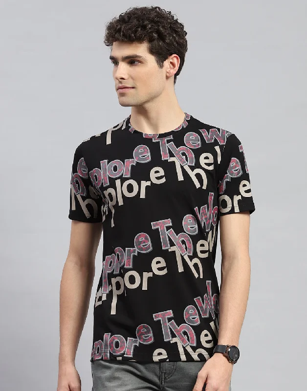 Men Black Printed Round Neck Half Sleeve T-Shirt