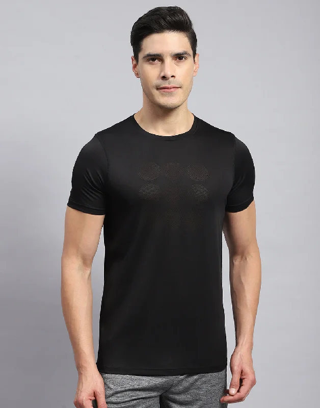 Men Black Self Design Round Neck Half Sleeve T-Shirt