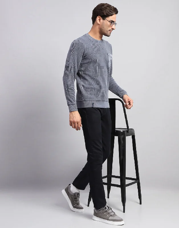 Men Grey Solid Round Neck Full Sleeve Winter T-Shirt