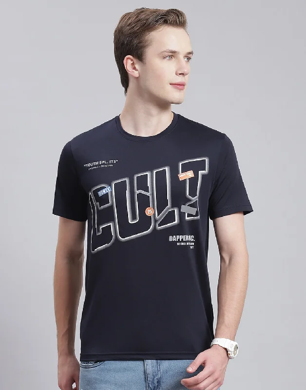 Men Navy Blue Printed Round Neck Half Sleeve T-Shirt