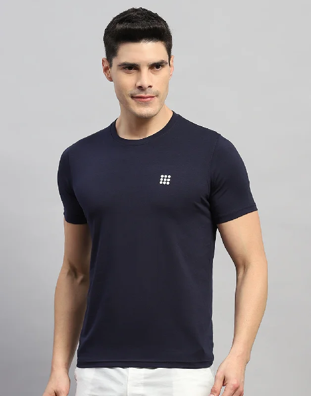 Men Navy Blue Solid Round Neck Half Sleeve T-Shirt