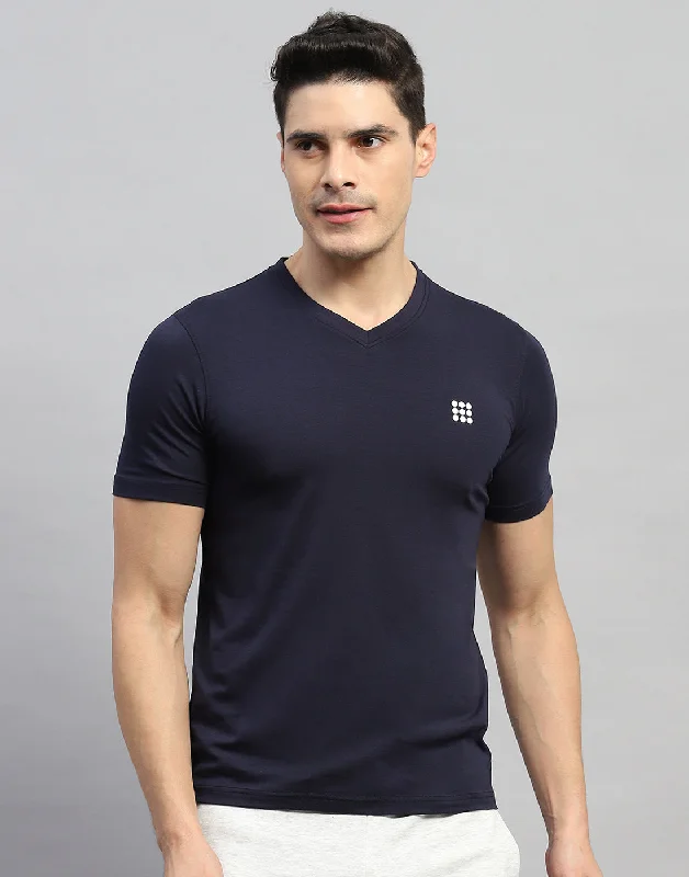 Men Navy Blue Solid V Neck Half Sleeve T-Shirt