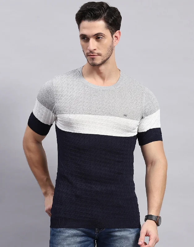 Men Navy Blue Stripe Round Neck Half Sleeve T-Shirt