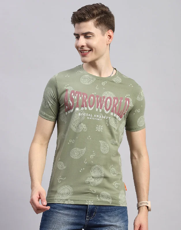 Men Olive Floral Print Collar Half Sleeve T-Shirt