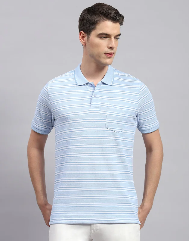 Men Sky Blue Stripe Collar Neck Half Sleeve T-Shirt