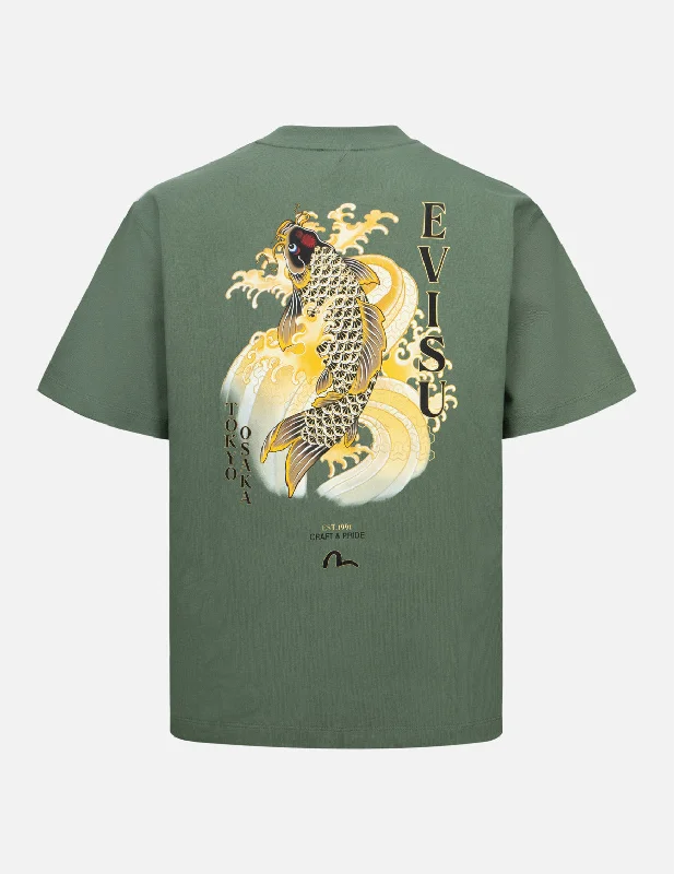 Seagull Embroidery and Carp Print Relax Fit T-shirt