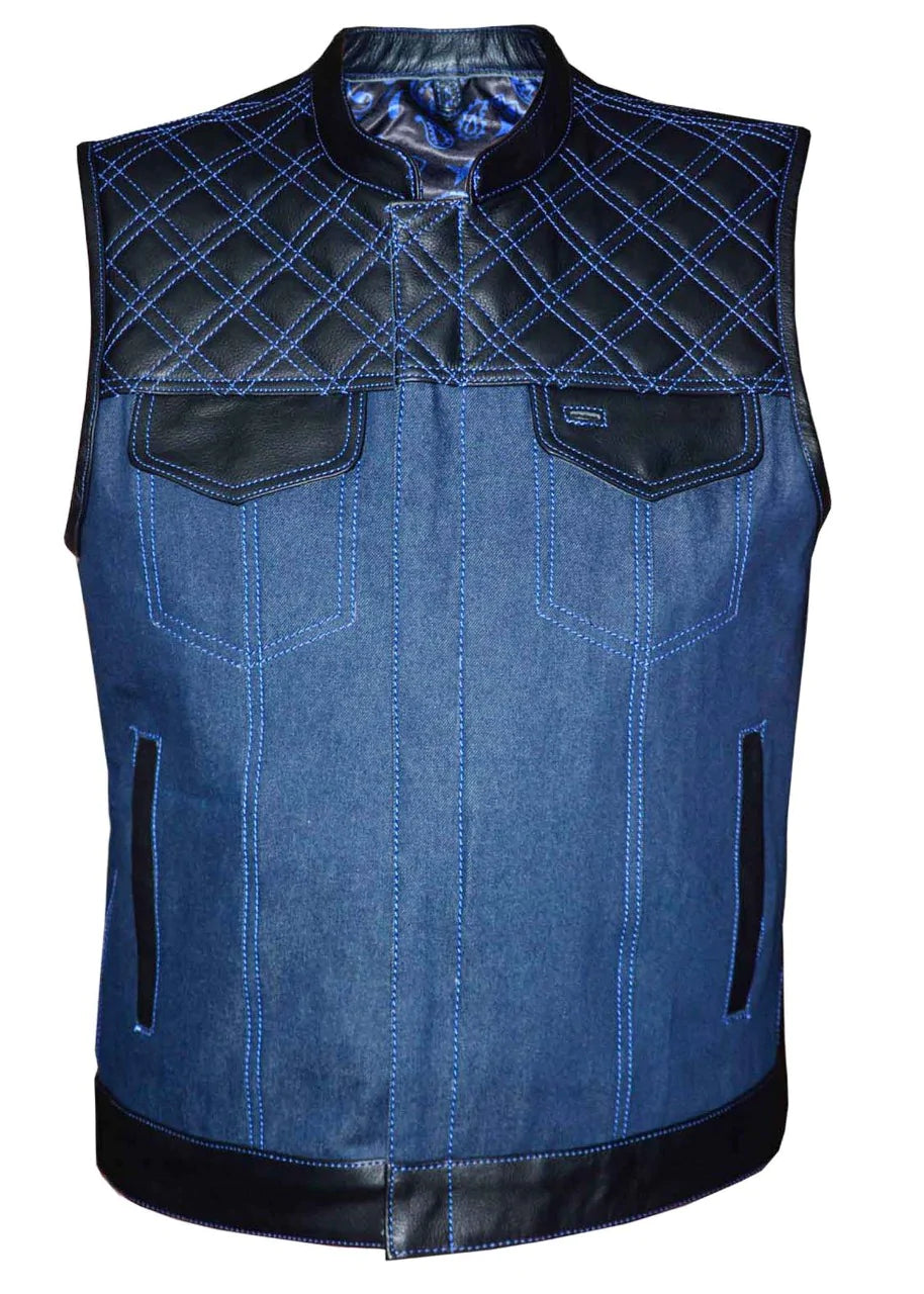 6681- Men's Black & Blue Denim Leather Vest