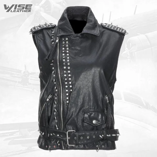 Black Calfskin Studded Biker Leather Vest