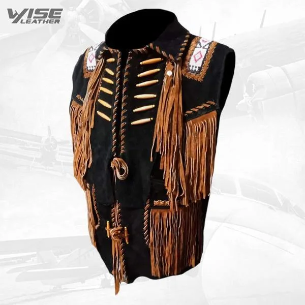 Black Cowboy Suede Leather Fringes, Bones & Beads Stylish Vest