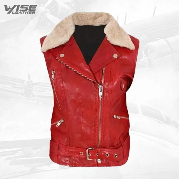 Contrast White Fur Collar Biker Leather Vest