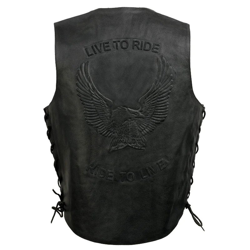 Event Leather's ELM3900 Men's 100% Genuine Motorcycle Leather Vest | Biker Vests with Embossed Eagle | Live To Ride