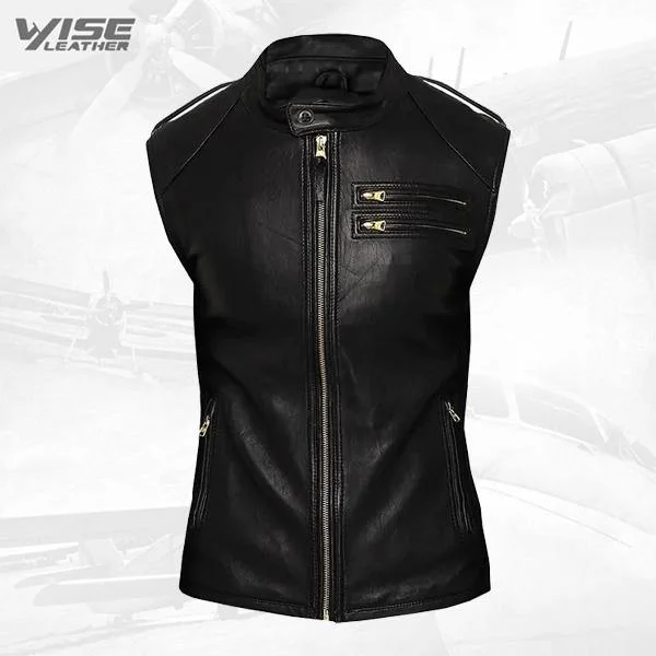 Fitted Biker Men Black Leather Vest