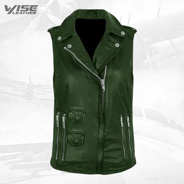 Green Genuine Leather Biker Vest