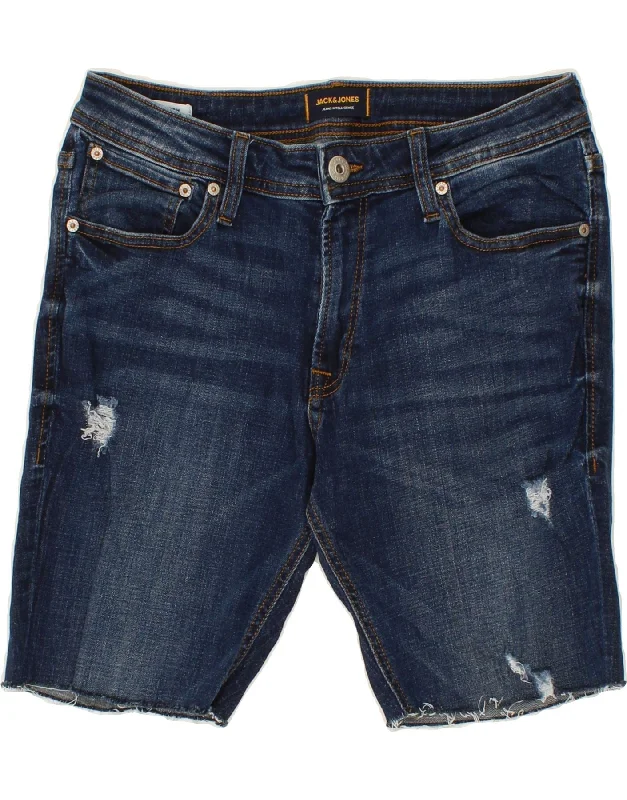 JACK & JONES Mens Tim Distressed Denim Shorts W32 Medium Navy Blue Cotton