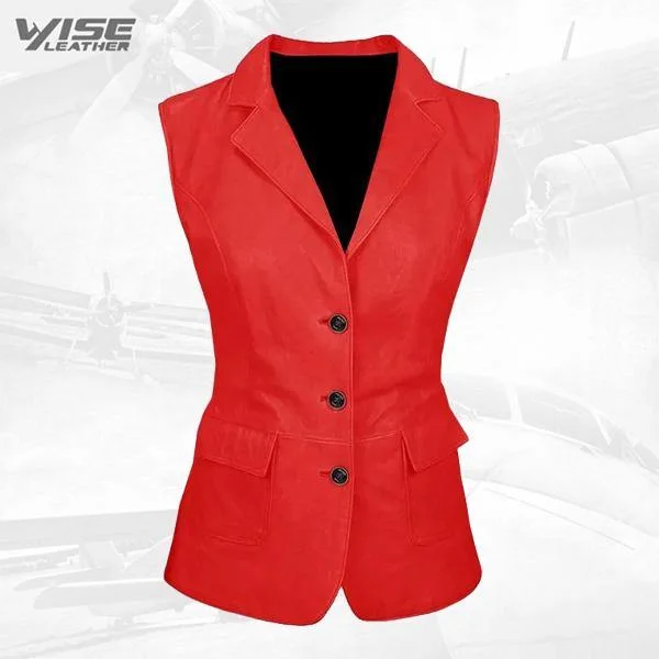 Luxurious 3 Button Womens Red Leather Vest