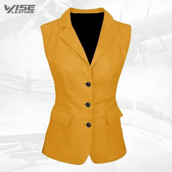 Luxurious 3 Button Womens Yellow Leather Vest