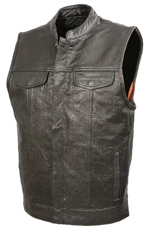 Men’s SOA Black Premium Buffalo Leather Club Style Motorcycle Rider Vest with Patch Access BZ6010