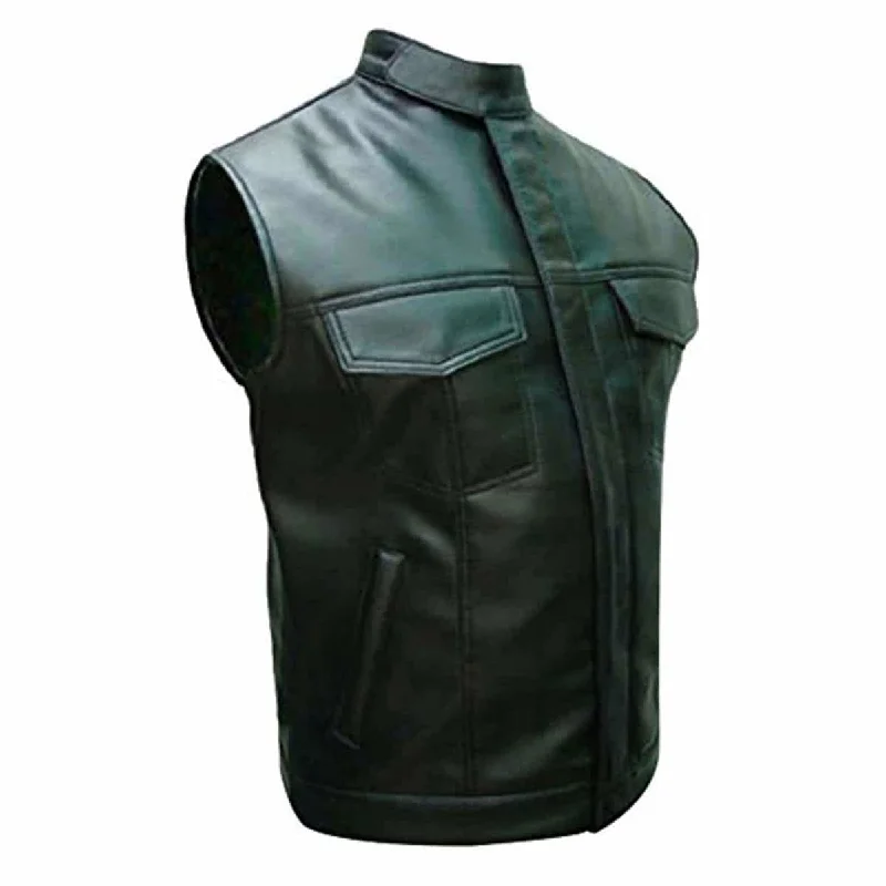 Mens Biker Style Black Leather Motorcycle Vest Waistcoat - B9-Blk