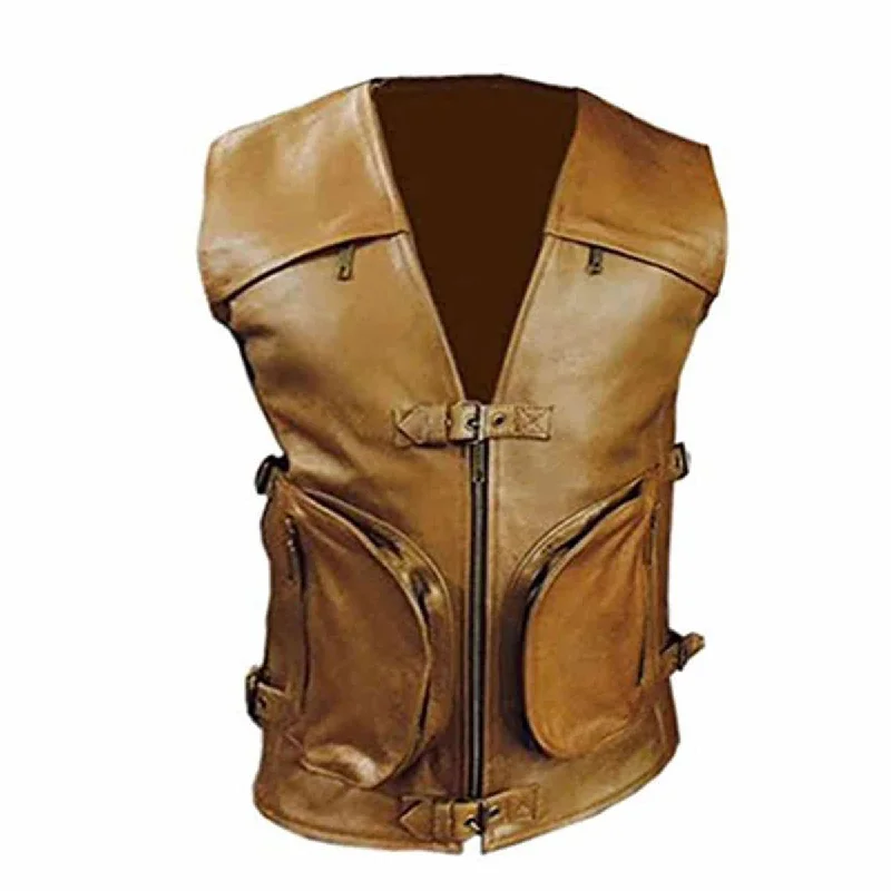 Mens Biker Style Genuine Cow Leather Brown Motorcycle Vest Waistcoat - B7-Brw