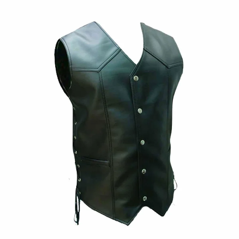 Mens Biker Style Vest Black Cow Leather Motorcycle Waistcoat - B2-Blk