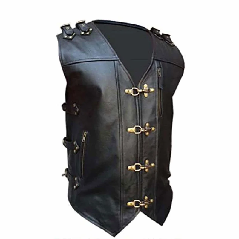 Mens Biker Style Vest Black Leather Heavy Duty Motorcycle Waistcoat - B24