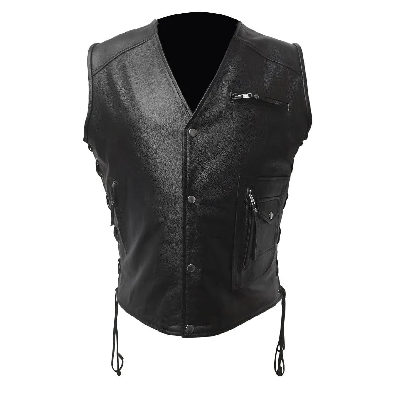 Mens Biker Style Vest Black Leather Motorcycle Waistcoat - B29