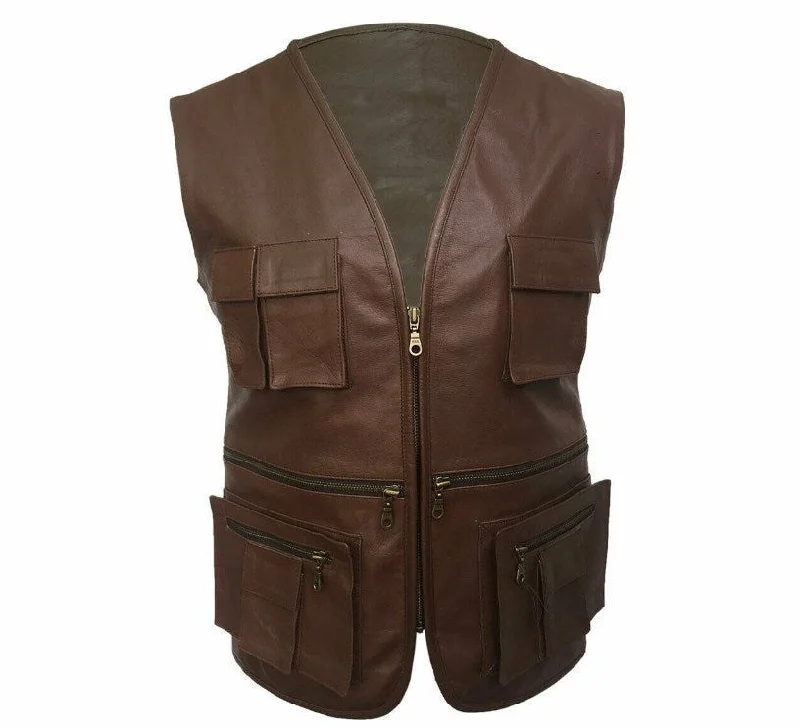 Mens Biker Style Vest Brown Leather Motorcycle Waistcoat - B10-Brw