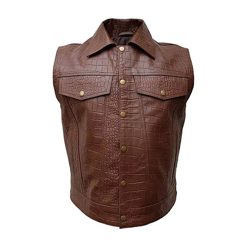 Mens Biker Style Vest Crocodile Print Brown Leather Motorcycle Waistcoat - (B13-Brw-Croc)