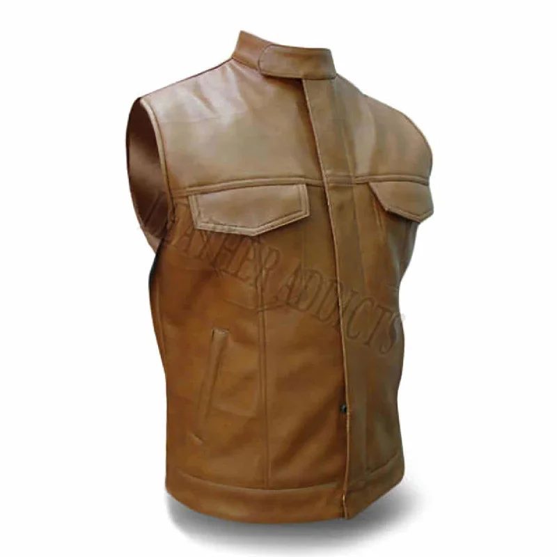 Mens Biker Style Vest Genuine Cow Leather Brown Motorcycle Waistcoat - B9-Brw