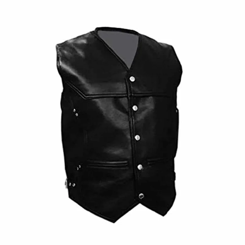 Mens Biker Style Vest Leather Black Motorcycle Waistcoat - B16-Blk