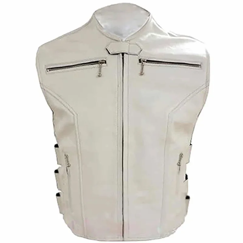 Mens Biker Style Vest Leather White Motorcycle Waistcoat - B12-Wht