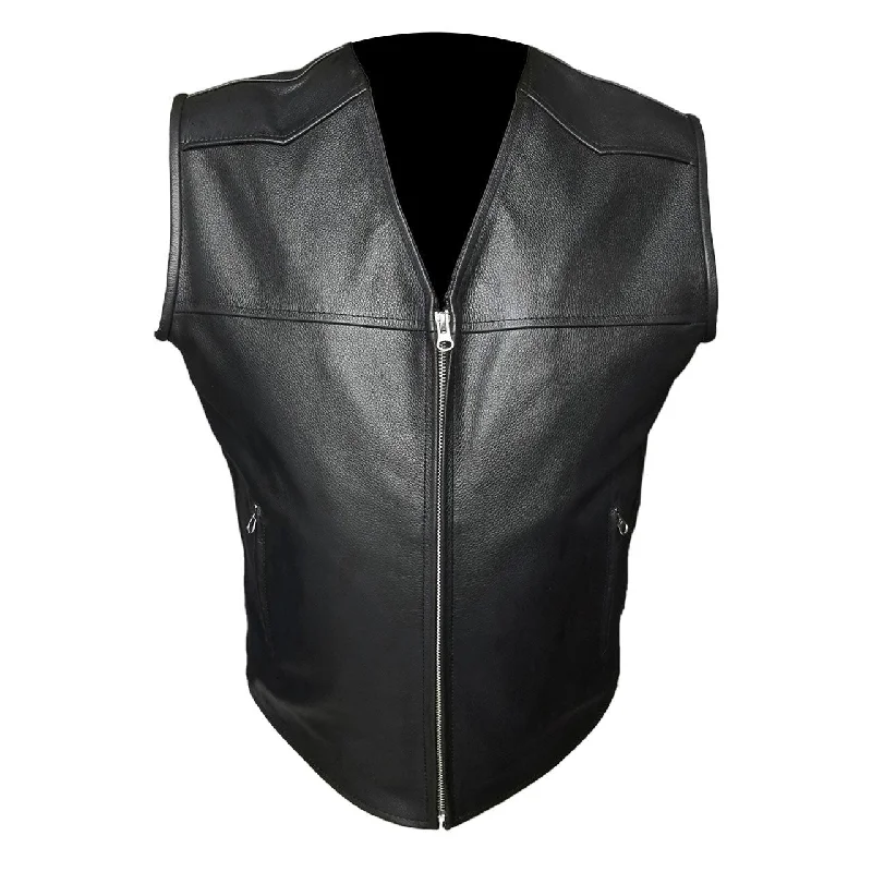 Mens Biker Style Vest Waistcoat Black Leather Motorcycle - B17