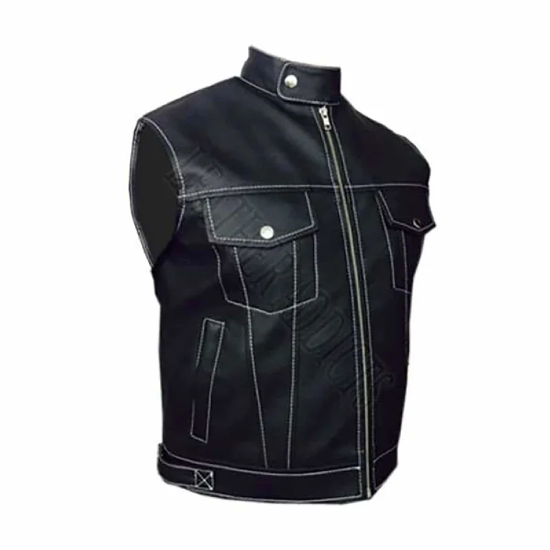 Mens Biker Style Vest Waistcoat Black Leather Motorcycle - B18