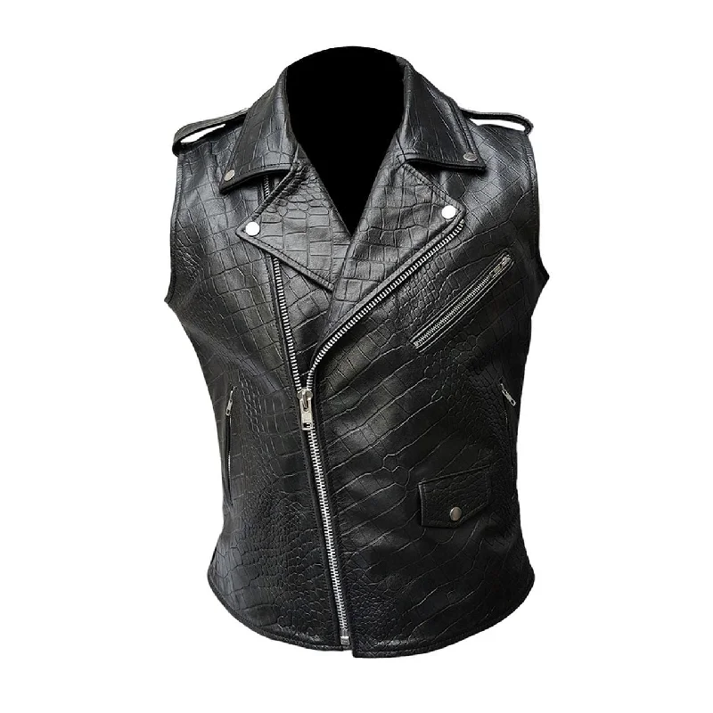 Mens Bikers Vest Black Crocodile Print Leather Black Sleeveless Waistcoat - BRANDO-HS-CROC