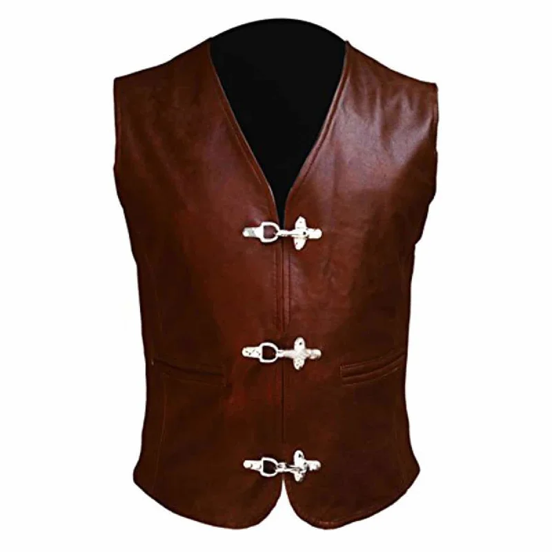 Mens Bikers Vest Genuine Cow Leather Brown Waistcoat with Chrome Hooks - CH-BRW