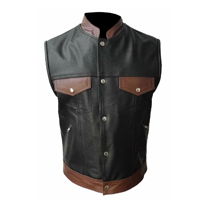 Mens Black And Brown Cow Genuine Leather Bikers Vest Waistcoat  - BR4