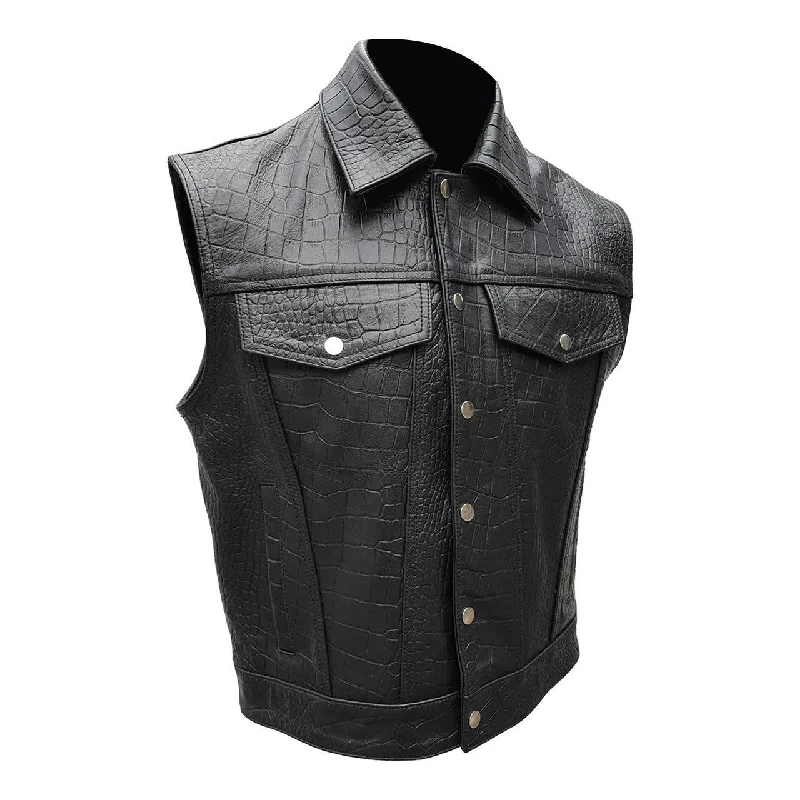 Mens Black Crocodile Leather Motorcycle Biker Style Vest Waistcoat - B13