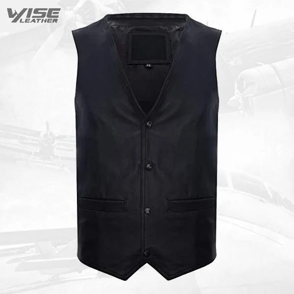 Men's Black Hide Leather Waistcoat Casual Classic Formal Traditional Gilet Vest