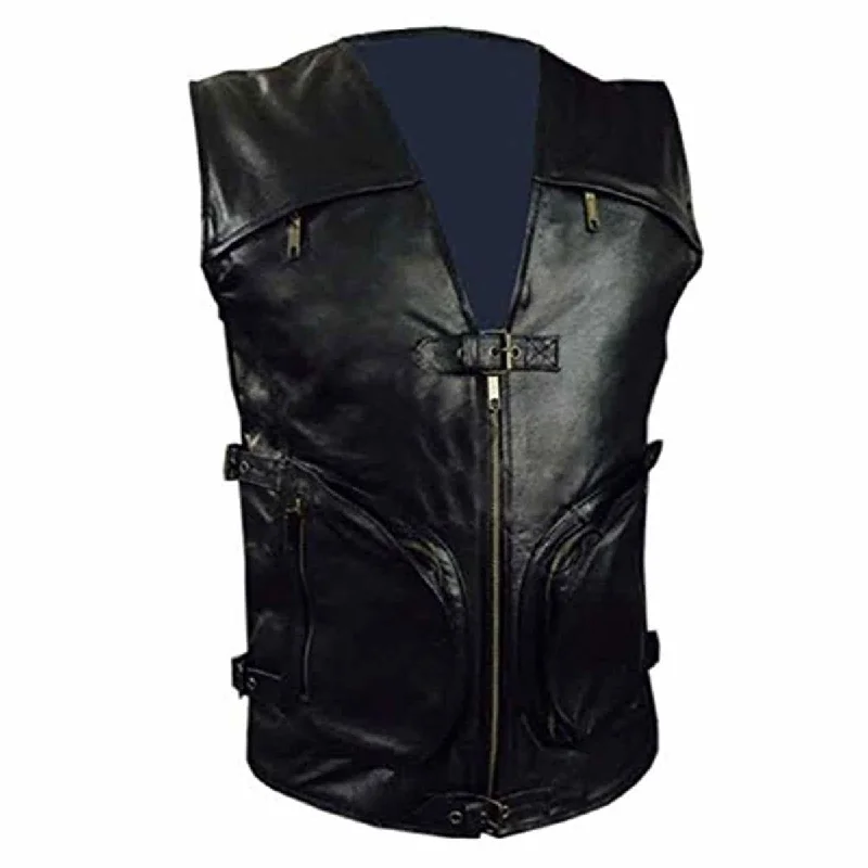 Mens Black Leather Motorcycle Biker Style Vest Waistcoat - B7