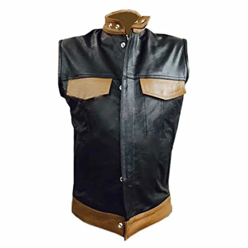 Mens Black Leather Motorcycle Biker Style Vest Waistcoat - B9b