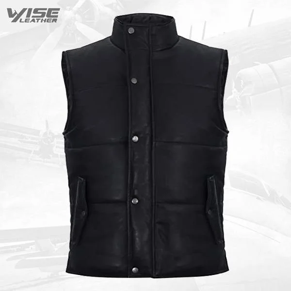 Men's Black Leather Puffer Padded Vest