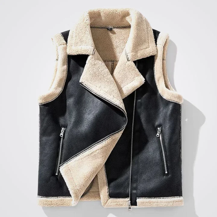 Men's Black Leather Shearling Vest