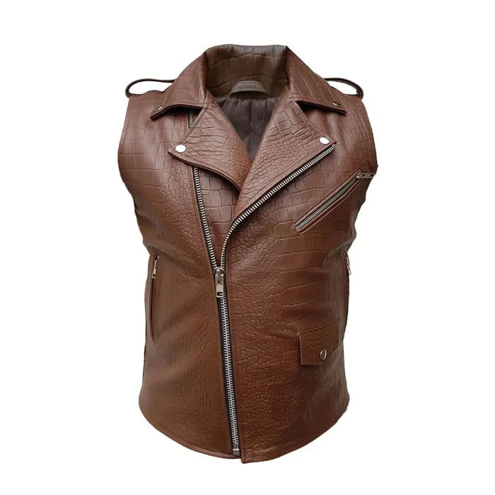 Mens Brown Crocodile Leather Sleeveless Brando Style Bikers Vest - BRANDO-HS-CROC