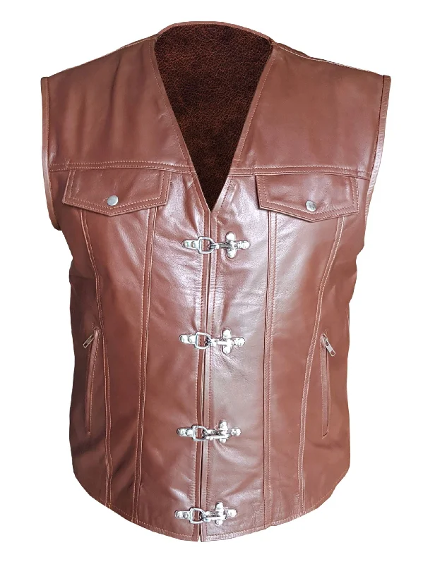 Mens Brown Leather Chrome Hook Bikers Style Vest Waistcoat - B6 - BRW