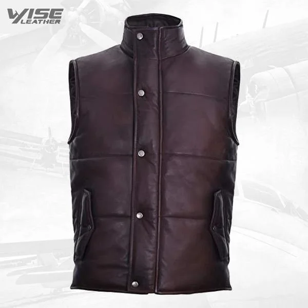 Men's Brown Leather Puffer Vest