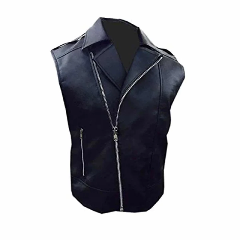 Mens Cow Leather Black Motorcycle Biker Style Vest Waistcoat - B14