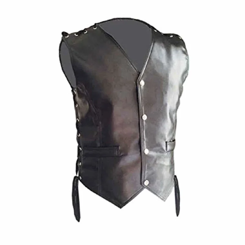 Mens Leather Black Motorcycle Biker Style Vest Waistcoat - B15-Blk