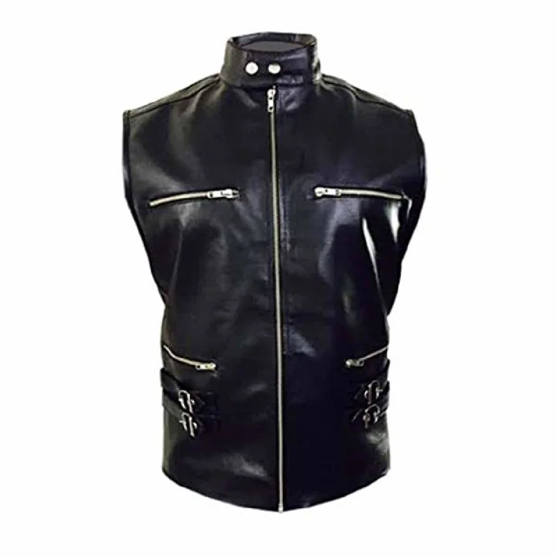 Mens Leather Black Motorcycle Biker Style Vest Waistcoat - B21 - Blk