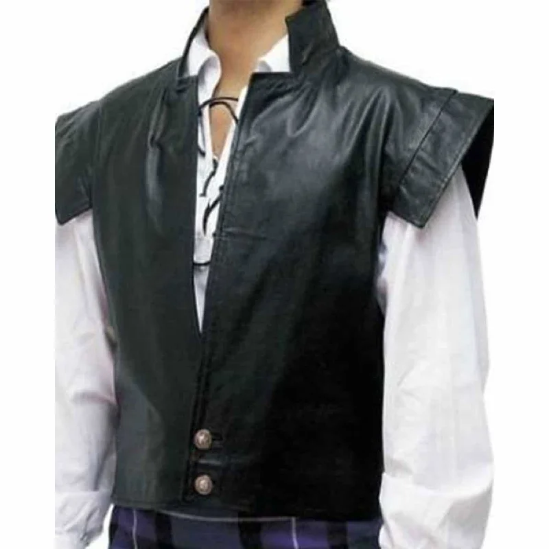 Mens Leather Waistcoat LARP Clansman Jacobite Cosplay Vest And Kilt Combo - V9